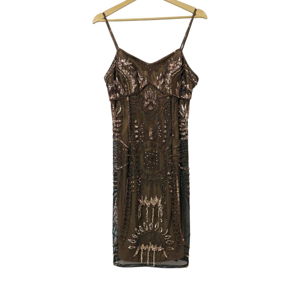 Jovani Brown Beaded Cami Dress Size 8 Vintage Y2K Formal Party Neutral Sequin‎